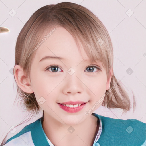 Joyful white child female with medium  brown hair and grey eyes