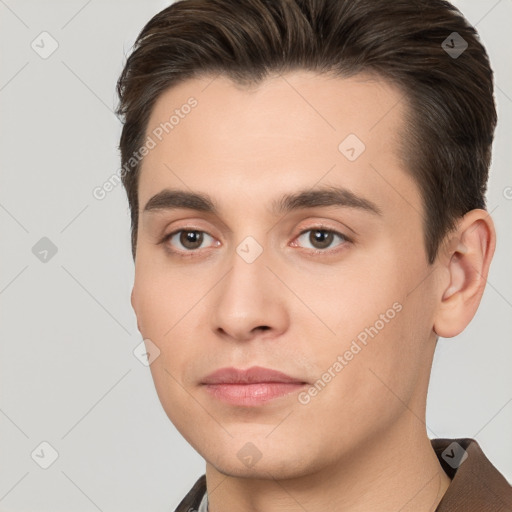 Neutral white young-adult male with short  brown hair and brown eyes