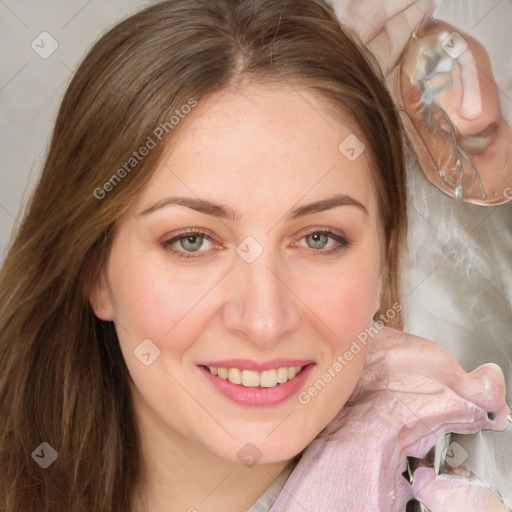 Joyful white young-adult female with medium  brown hair and green eyes