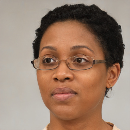 Joyful black adult female with short  brown hair and brown eyes