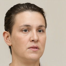 Neutral white young-adult female with short  brown hair and brown eyes