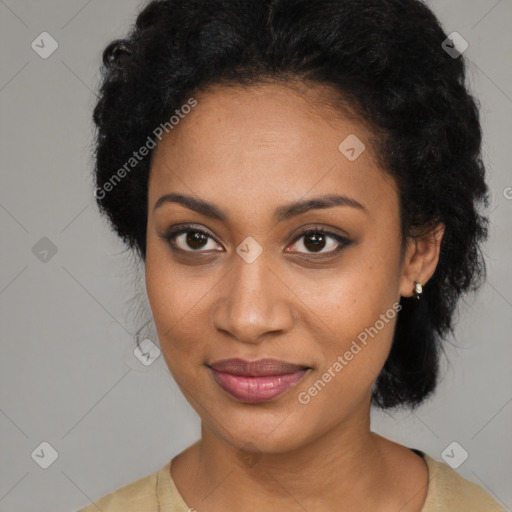 Joyful black young-adult female with medium  black hair and brown eyes