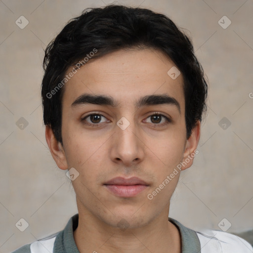 Neutral white young-adult male with short  black hair and brown eyes