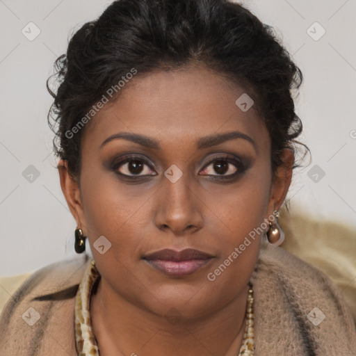 Joyful latino young-adult female with short  brown hair and brown eyes