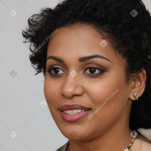 Joyful latino young-adult female with long  black hair and brown eyes