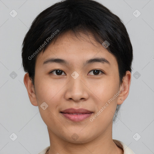 Joyful asian young-adult female with short  brown hair and brown eyes