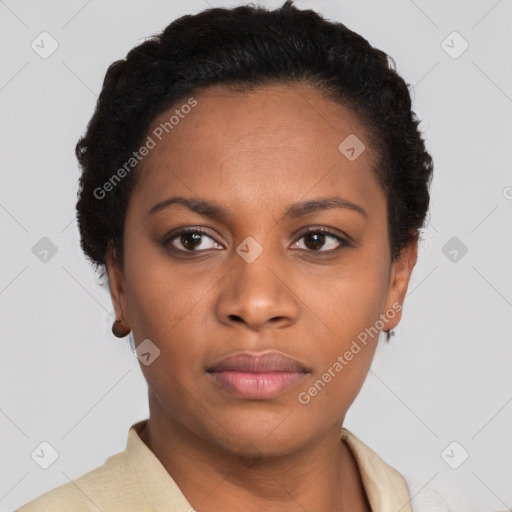 Neutral latino young-adult female with short  black hair and brown eyes