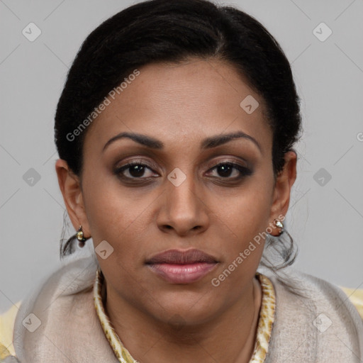 Joyful latino young-adult female with short  brown hair and brown eyes