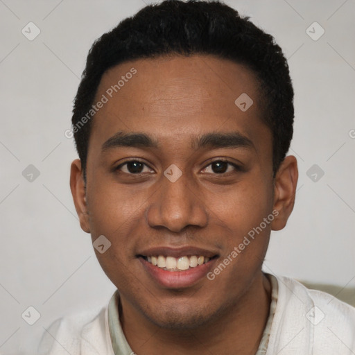 Joyful black young-adult male with short  brown hair and brown eyes