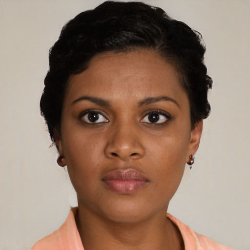 Neutral latino young-adult female with short  black hair and brown eyes