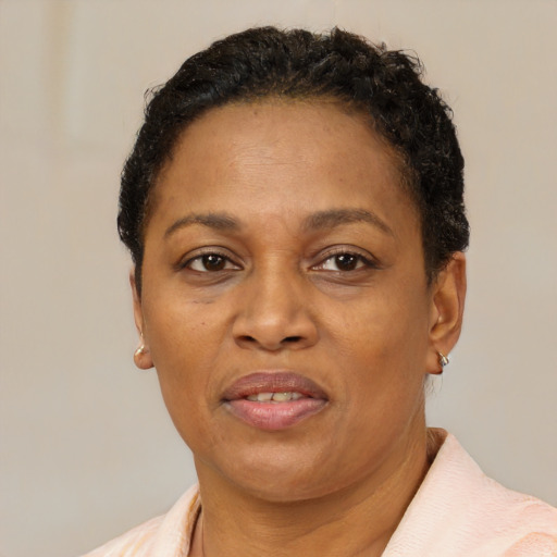 Neutral latino adult female with short  brown hair and brown eyes