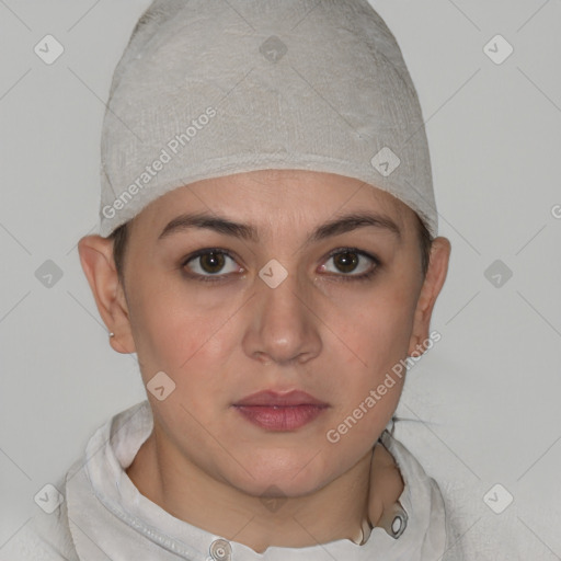 Neutral white young-adult female with short  brown hair and brown eyes