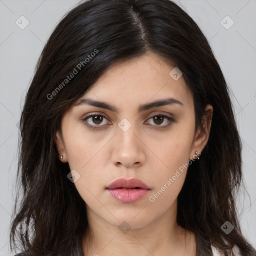 Neutral asian young-adult female with long  brown hair and brown eyes