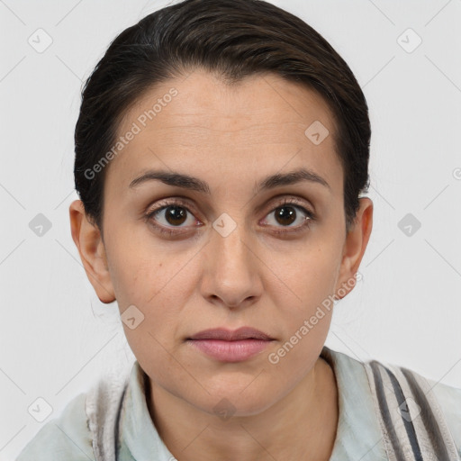 Joyful white young-adult female with medium  brown hair and brown eyes