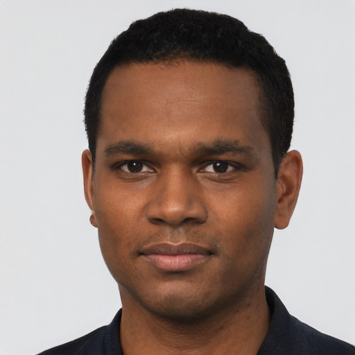 Neutral black young-adult male with short  black hair and brown eyes