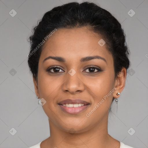 Joyful latino young-adult female with short  brown hair and brown eyes