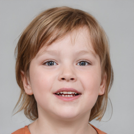 Joyful white child female with medium  brown hair and blue eyes