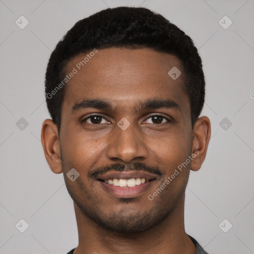 Joyful black young-adult male with short  black hair and brown eyes