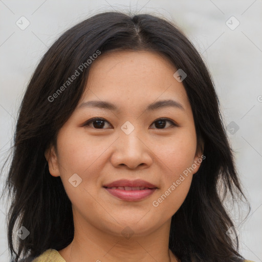 Joyful asian young-adult female with medium  brown hair and brown eyes