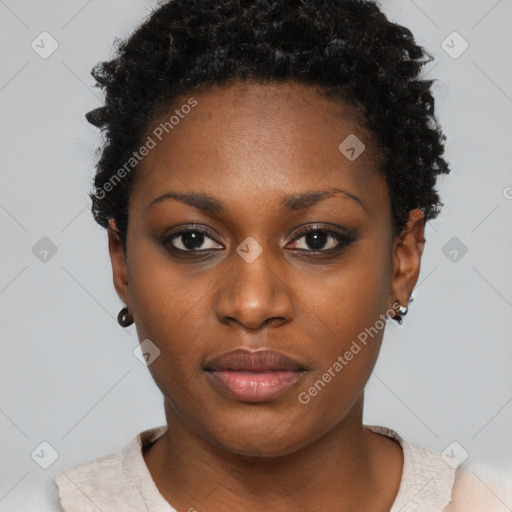 Neutral black young-adult female with short  black hair and brown eyes