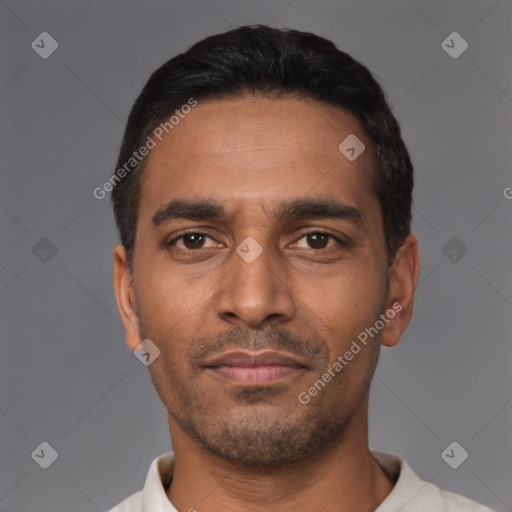 Neutral latino young-adult male with short  black hair and brown eyes