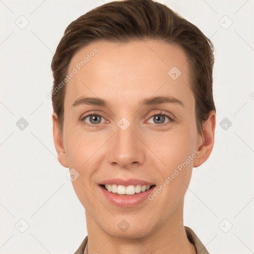 Joyful white young-adult female with short  brown hair and grey eyes