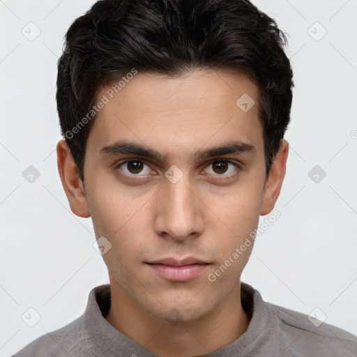 Neutral white young-adult male with short  brown hair and brown eyes