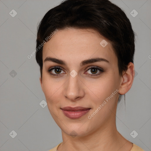 Joyful white young-adult female with short  brown hair and brown eyes