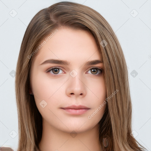 Neutral white young-adult female with long  brown hair and brown eyes