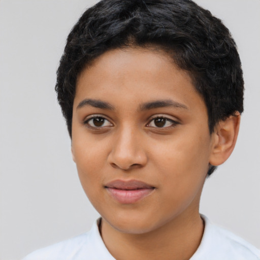 Joyful latino young-adult female with short  black hair and brown eyes