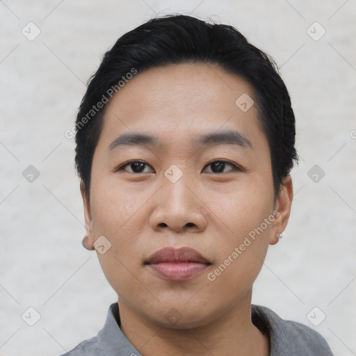 Neutral asian young-adult male with short  black hair and brown eyes