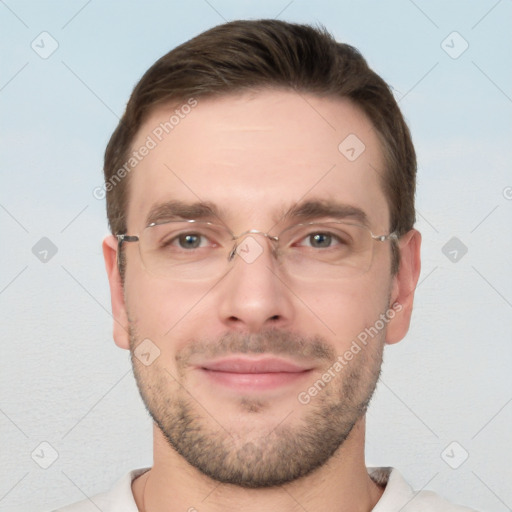 Joyful white young-adult male with short  brown hair and grey eyes