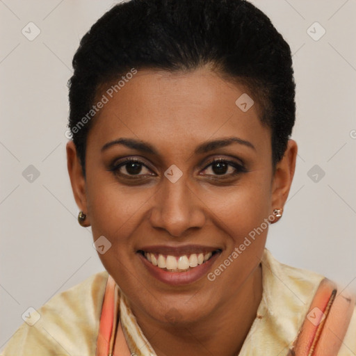 Joyful latino young-adult female with short  brown hair and brown eyes