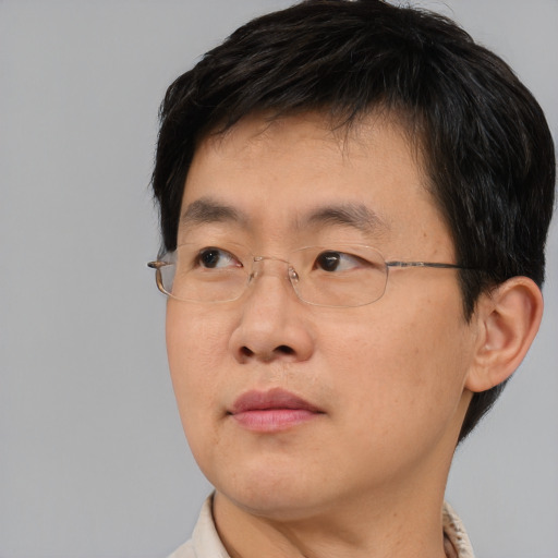 Neutral asian adult male with short  brown hair and brown eyes