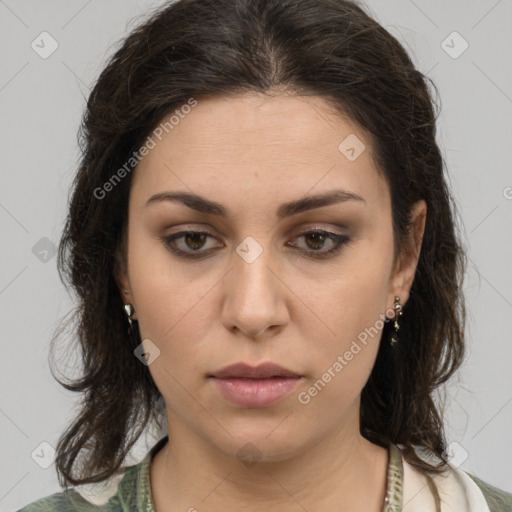 Neutral white young-adult female with medium  brown hair and brown eyes