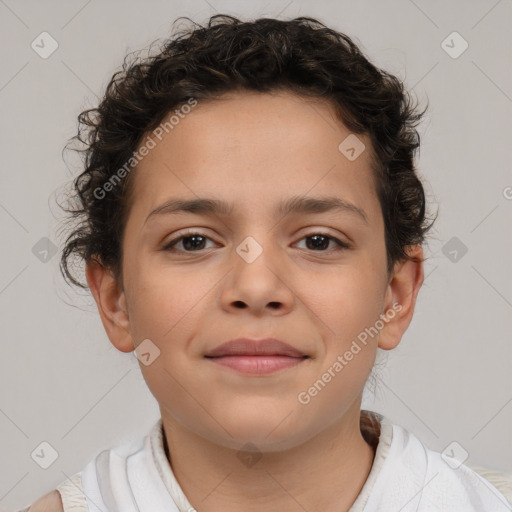 Joyful white child female with short  brown hair and brown eyes