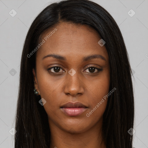 Neutral asian young-adult female with long  brown hair and brown eyes