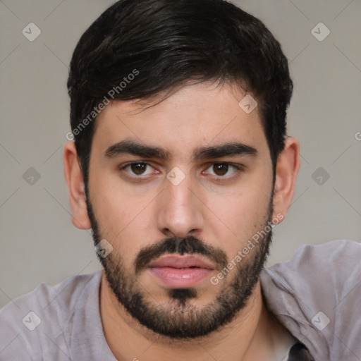 Neutral white young-adult male with short  black hair and brown eyes