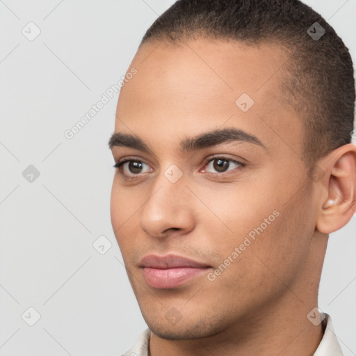 Neutral white young-adult male with short  brown hair and brown eyes