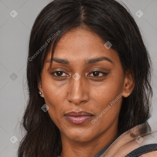 Joyful black adult female with medium  brown hair and brown eyes