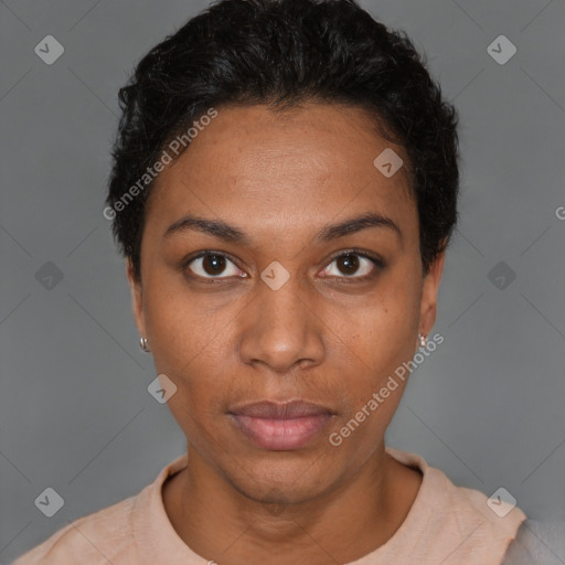 Neutral black young-adult female with short  black hair and brown eyes