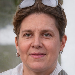 Joyful white adult female with short  brown hair and grey eyes