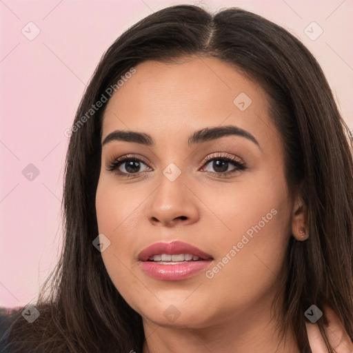 Joyful white young-adult female with long  brown hair and brown eyes