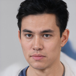 Neutral white young-adult male with short  black hair and brown eyes