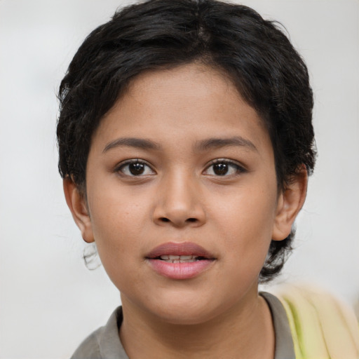 Neutral latino young-adult female with short  brown hair and brown eyes