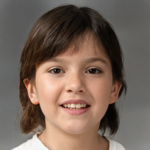 Joyful white child female with medium  brown hair and brown eyes