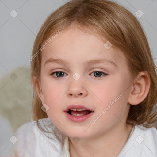 Joyful white child female with medium  brown hair and blue eyes