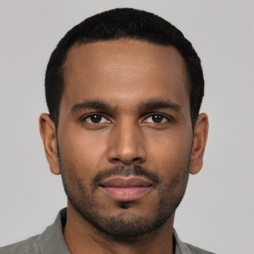 Neutral black young-adult male with short  black hair and brown eyes