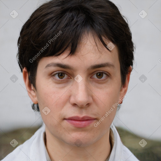 Joyful white adult female with short  brown hair and brown eyes