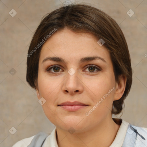 Neutral white young-adult female with medium  brown hair and brown eyes